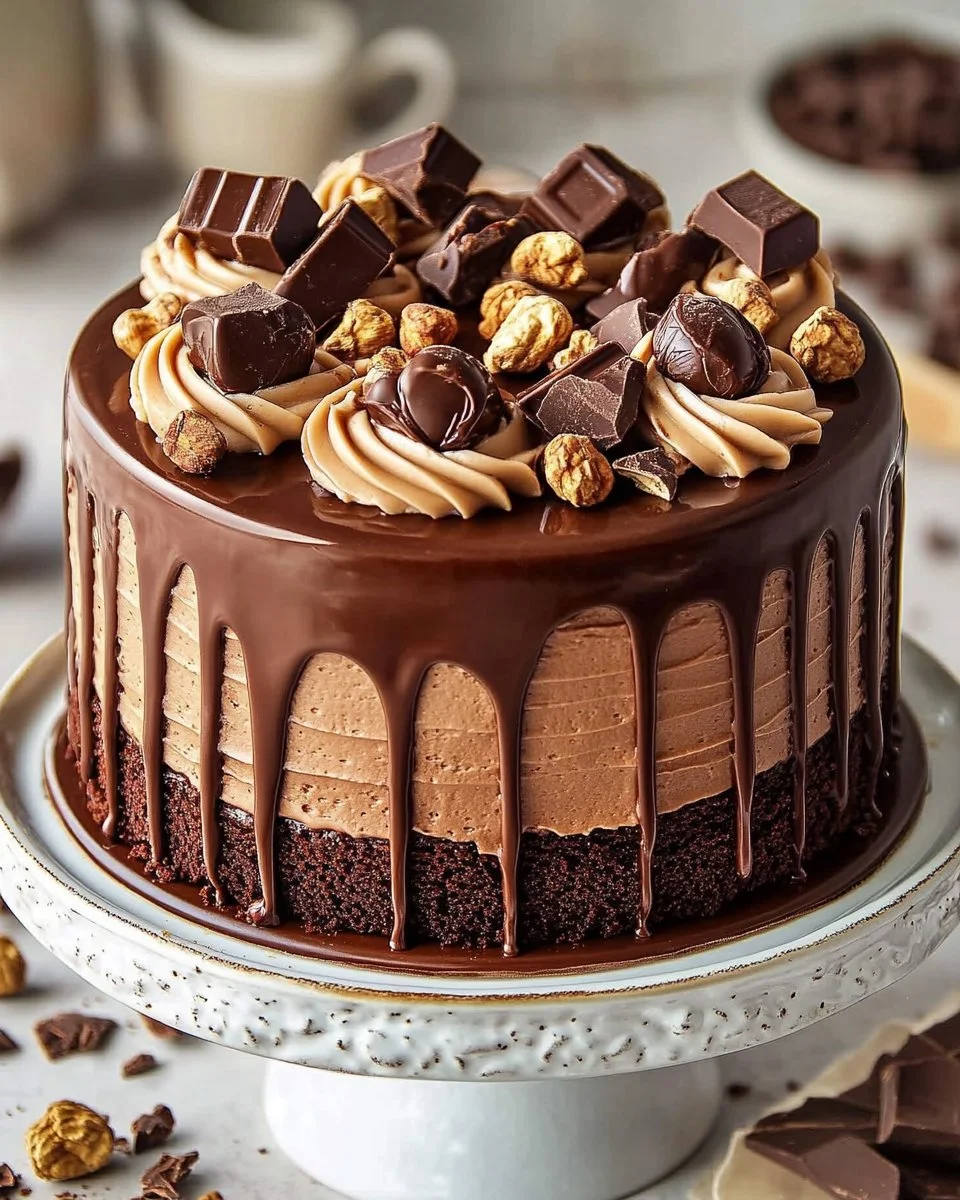 Slices of hazelnut fudge chocolate cake topped with chocolate drizzle and hazelnuts