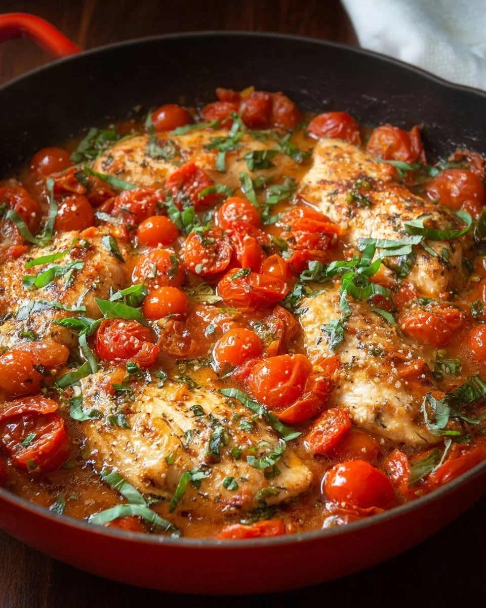 Healthy Chicken Pomodoro Skillet with fresh tomatoes and herbs