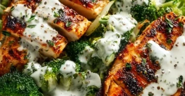 Healthy grilled chicken broccoli bowls with creamy garlic sauce on a plate.