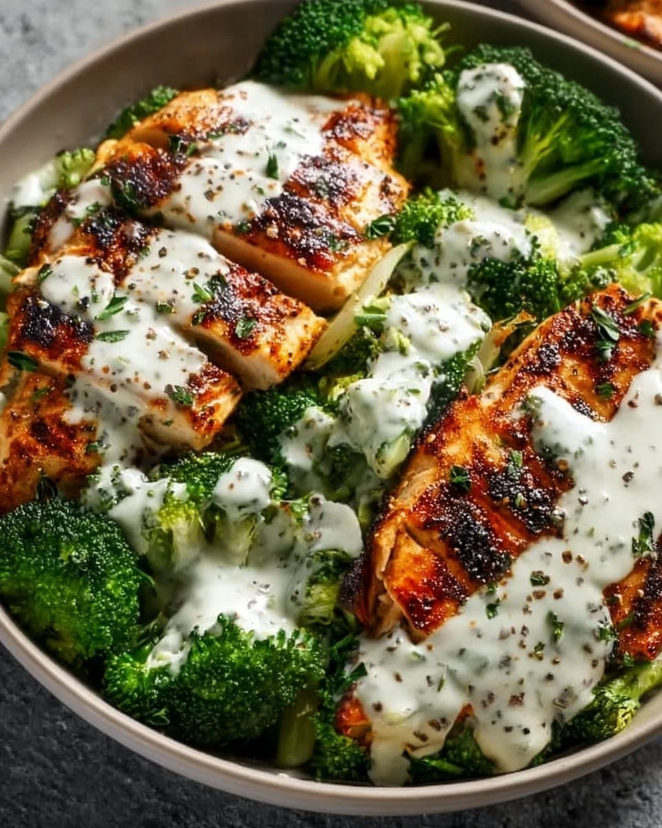 Healthy grilled chicken broccoli bowls with creamy garlic sauce on a plate.