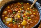 Delicious Hearty Crockpot Cowboy Soup in a rustic bowl