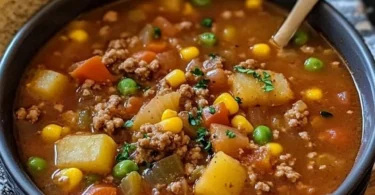 Delicious Hearty Crockpot Cowboy Soup in a rustic bowl