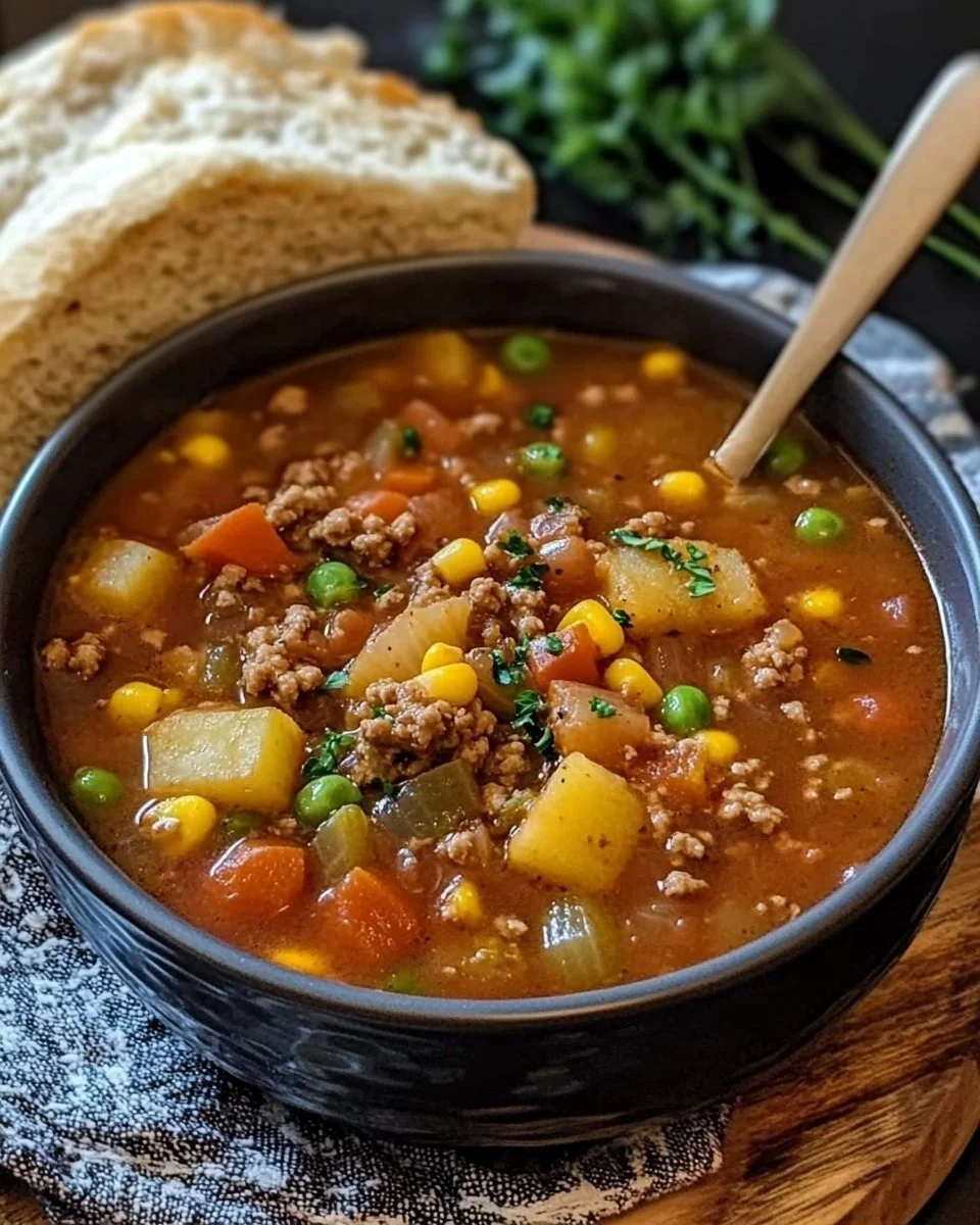 Delicious Hearty Crockpot Cowboy Soup in a rustic bowl