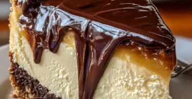 Heavenly Boston Cream Pie Cheesecake with chocolate ganache and creamy filling
