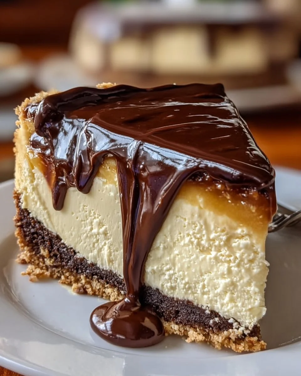 Heavenly Boston Cream Pie Cheesecake with chocolate ganache and creamy filling