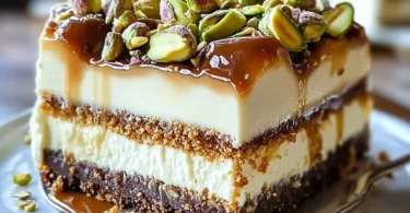 Heavenly pistachio white chocolate cheesecake slice with a rich topping.