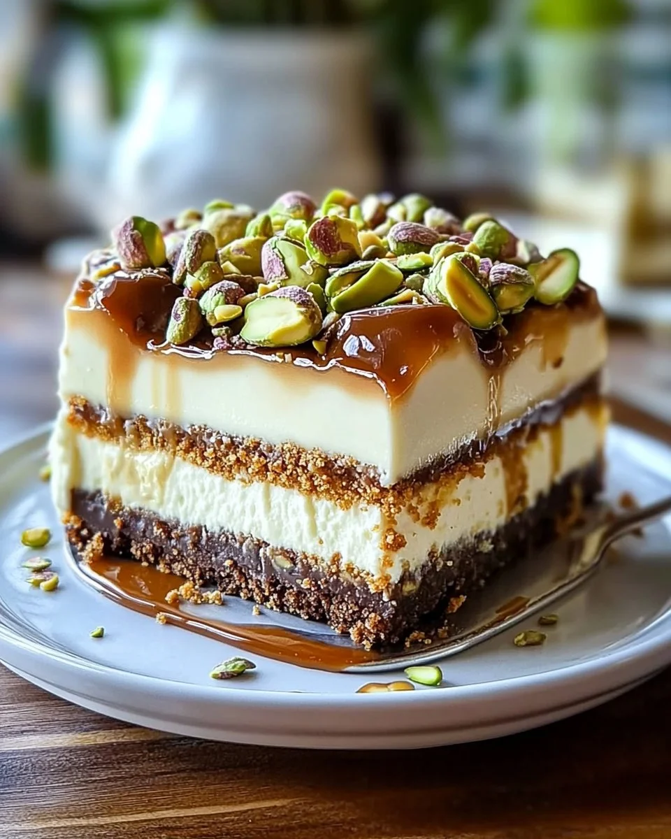 Heavenly pistachio white chocolate cheesecake slice with a rich topping.