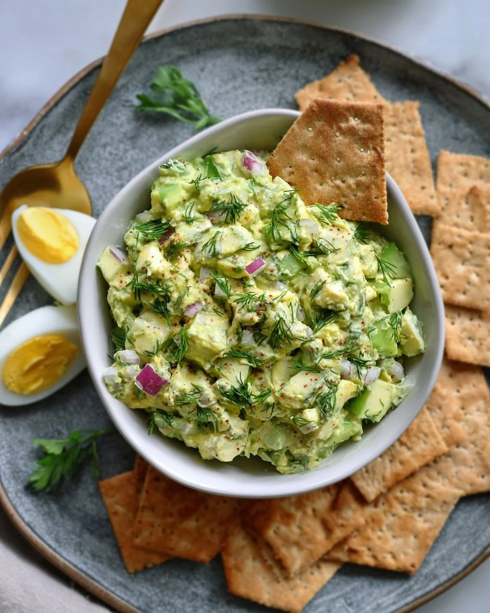 Herby Avocado Egg Salad with fresh herbs and eggs in a bowl