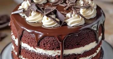 Hershey's chocolate cake layered with cream cheese filling and chocolate frosting