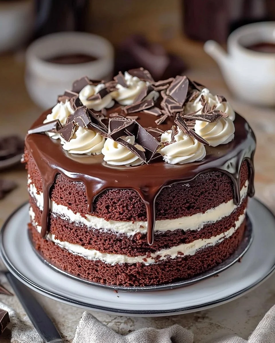 Hershey's chocolate cake layered with cream cheese filling and chocolate frosting