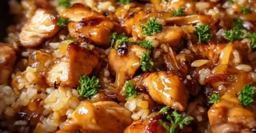 Delicious Hibachi Chicken and Rice Skillet Meal garnished with vegetables.
