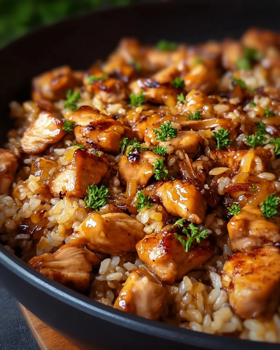 Delicious Hibachi Chicken and Rice Skillet Meal garnished with vegetables.