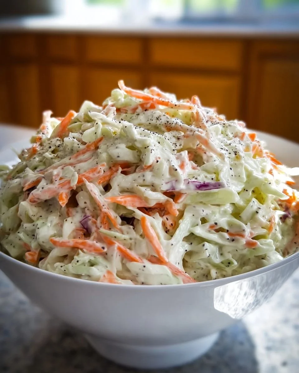 High-protein creamy coleslaw with cottage cheese dressing served in a bowl