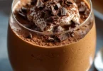High-protein mocha cheesecake mousse dessert in a glass