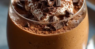 High-protein mocha cheesecake mousse dessert in a glass