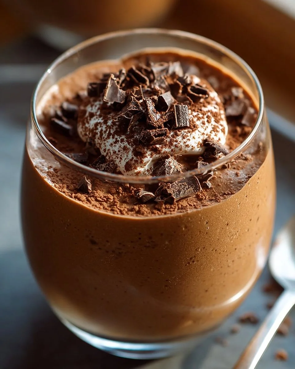 High-protein mocha cheesecake mousse dessert in a glass