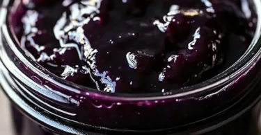 Jar of homemade blueberry butter with fresh blueberries on a wooden table.