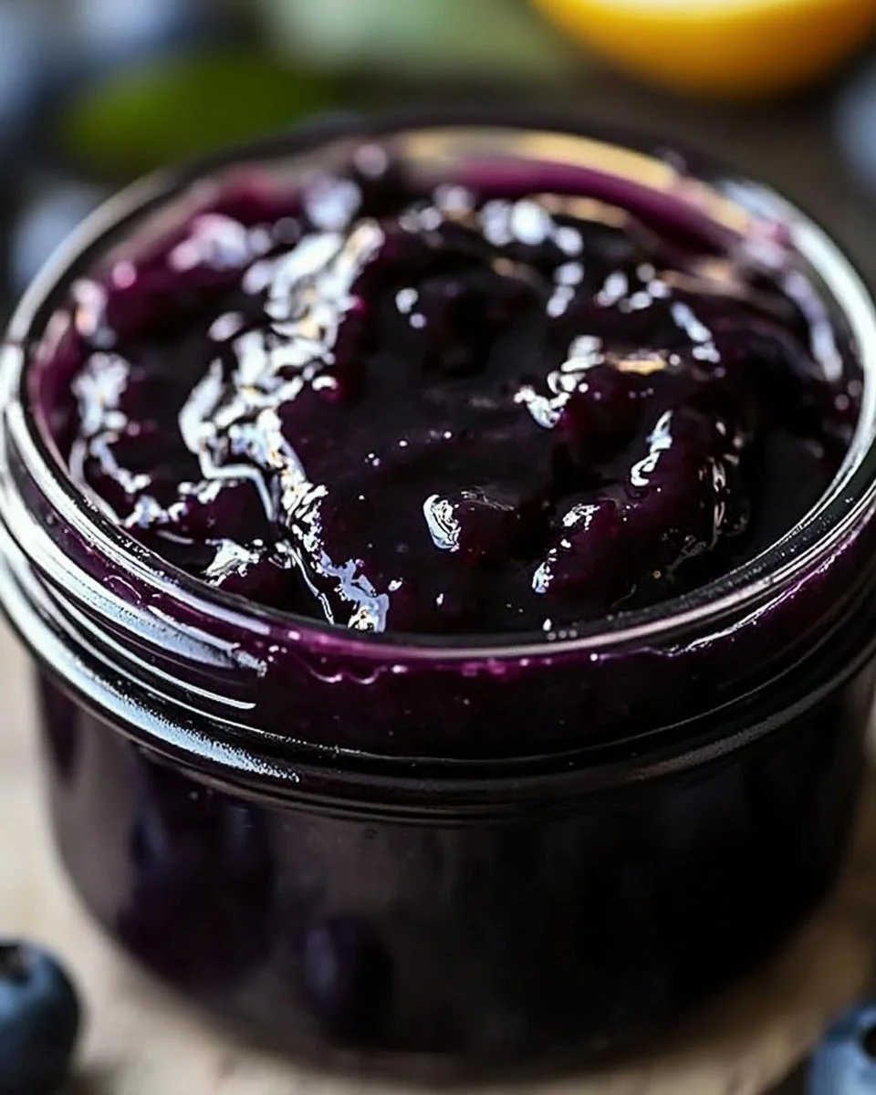 Jar of homemade blueberry butter with fresh blueberries on a wooden table.
