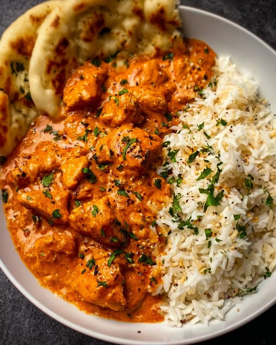 Delicious homemade butter chicken served with rice and naan.