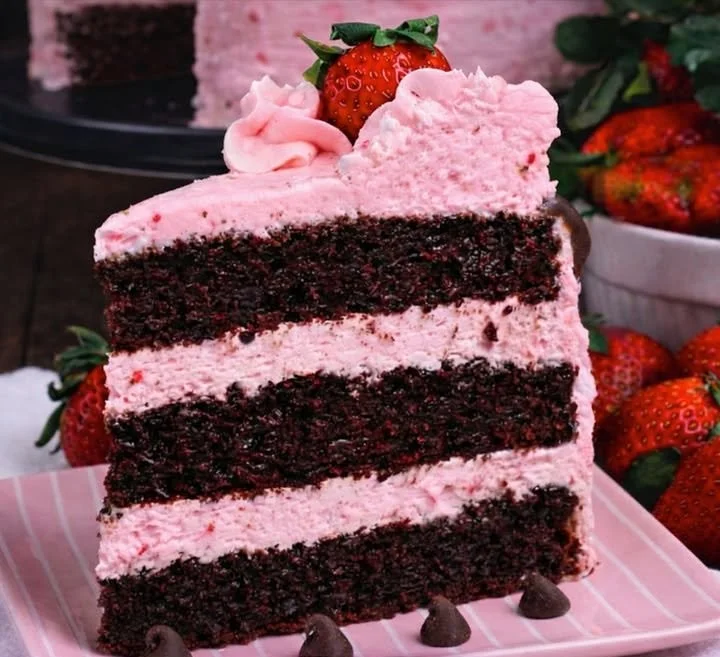 Homemade dark chocolate cake with strawberry buttercream frosting