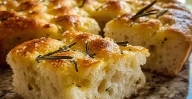 Homemade gluten-free focaccia bread with herbs and olive oil on a wooden board