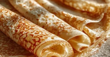 Delicious homemade oatmeal crepes served with fresh fruit and syrup