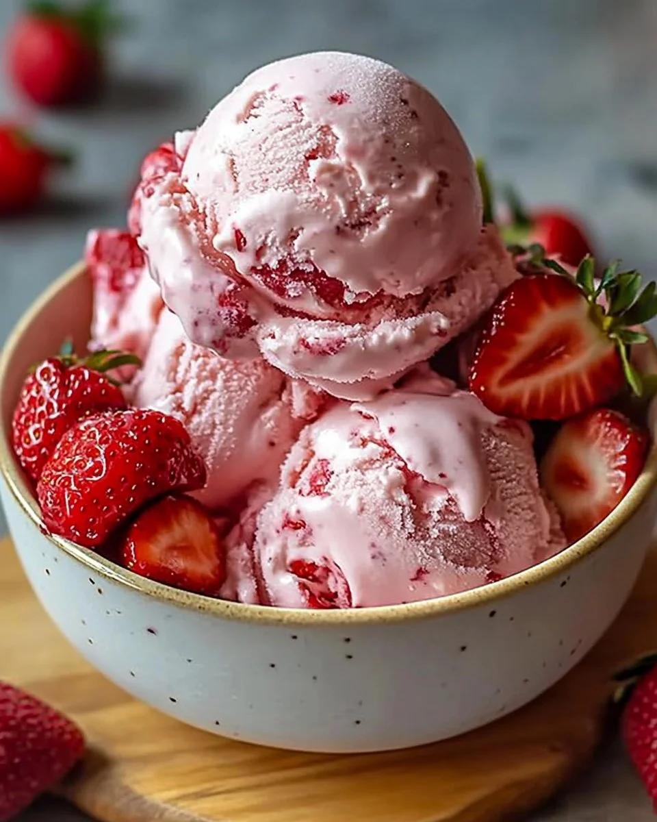 Bowl of homemade strawberry ice cream topped with fresh strawberries and mint leaves