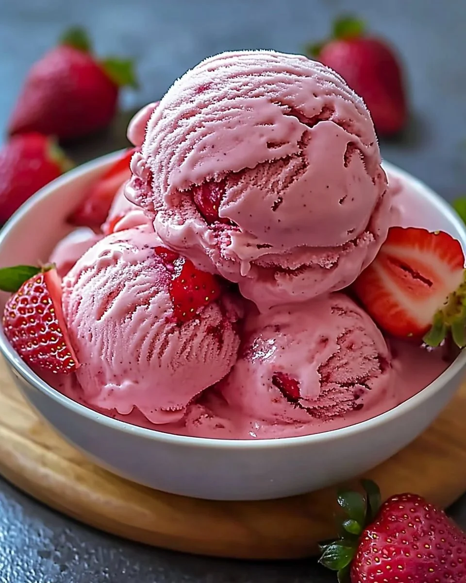Delicious homemade strawberry ice cream in a bowl with fresh strawberries
