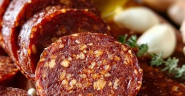 Sliced homemade vegan salami on a wooden cutting board with garnishes.