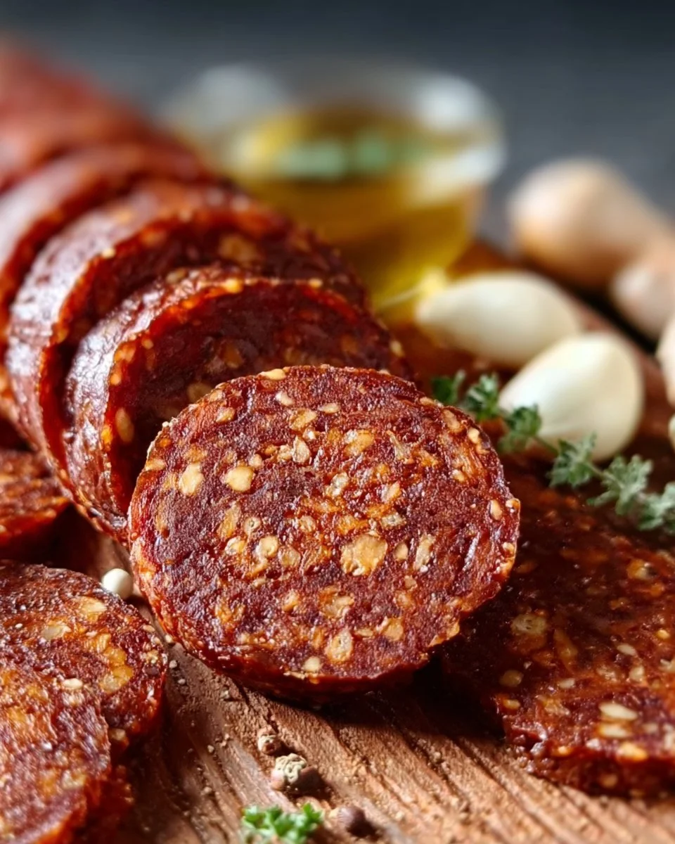 Sliced homemade vegan salami on a wooden cutting board with garnishes.