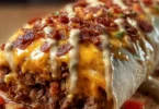 Huge bacon cheeseburger burrito with bacon and creamy cheese sauce