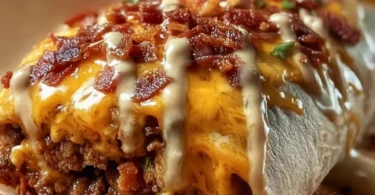 Huge bacon cheeseburger burrito with bacon and creamy cheese sauce