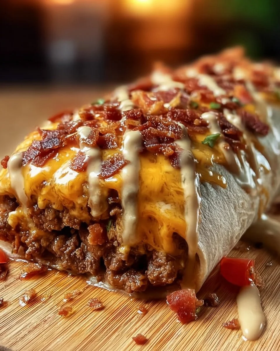 Huge bacon cheeseburger burrito with bacon and creamy cheese sauce
