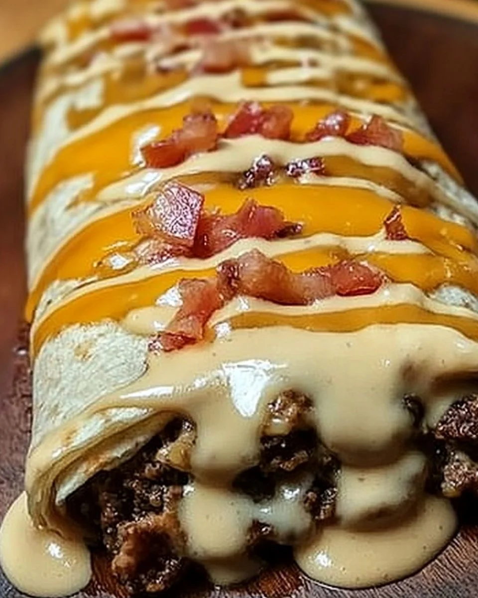 Huge Bacon Cheeseburger Burrito with Bacon & Creamy Cheese Sauce