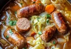 Delicious Irish sausage and cabbage stew served in a hearty bowl.