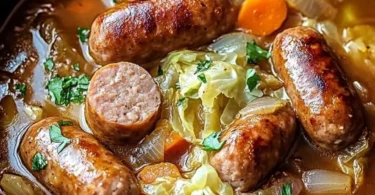 Delicious Irish sausage and cabbage stew served in a hearty bowl.