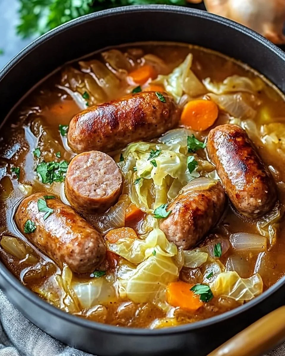 Delicious Irish sausage and cabbage stew served in a hearty bowl.