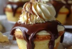 Delicious Boston Cream Pie Cupcakes topped with chocolate glaze and creamy filling.