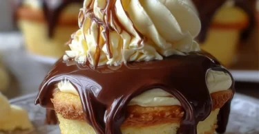 Delicious Boston Cream Pie Cupcakes topped with chocolate glaze and creamy filling.