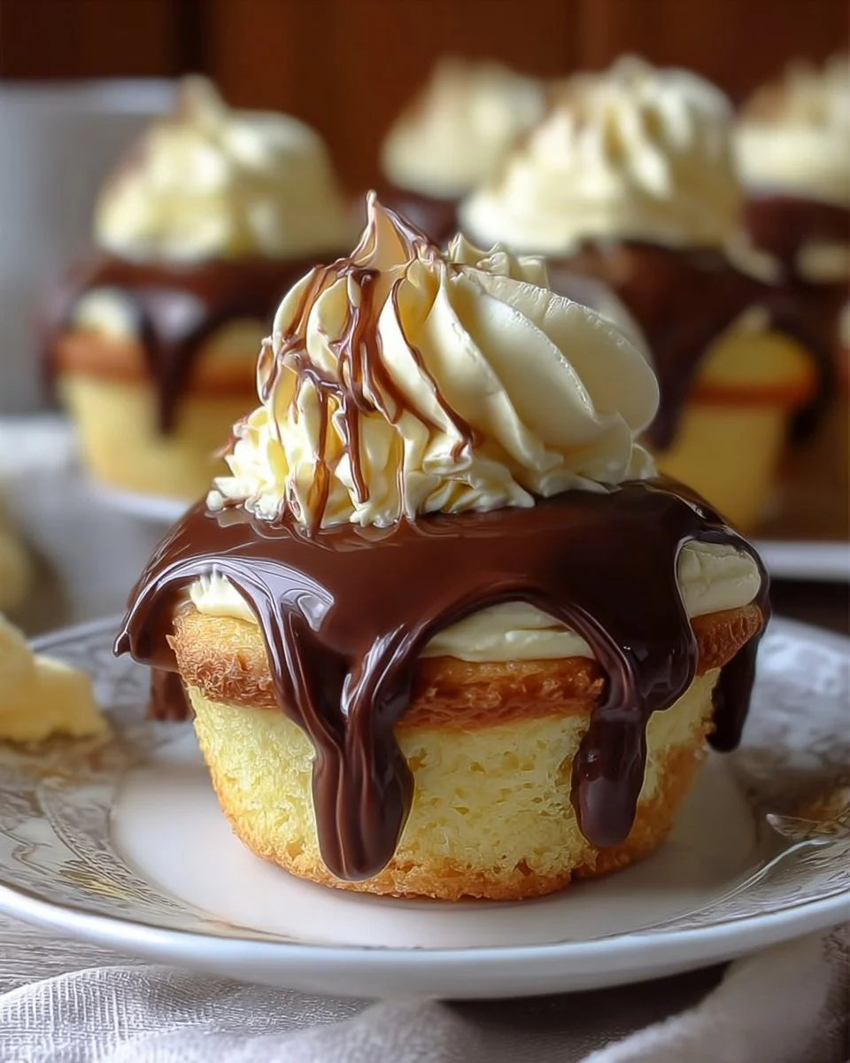 Delicious Boston Cream Pie Cupcakes topped with chocolate glaze and creamy filling.