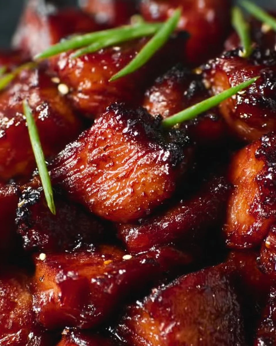 Delicious plate of irresistible Char Siu Chicken with glaze and garnishes