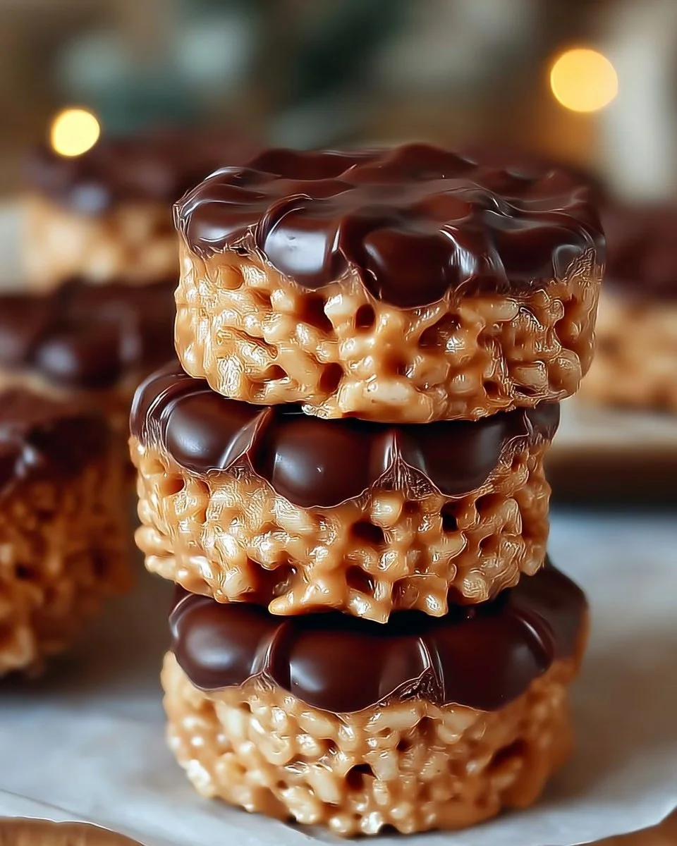 Irresistible chocolate peanut butter Rice Krispie cups displayed on a platter