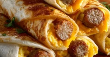 Delicious cheesy sausage egg breakfast roll-ups ready to enjoy.