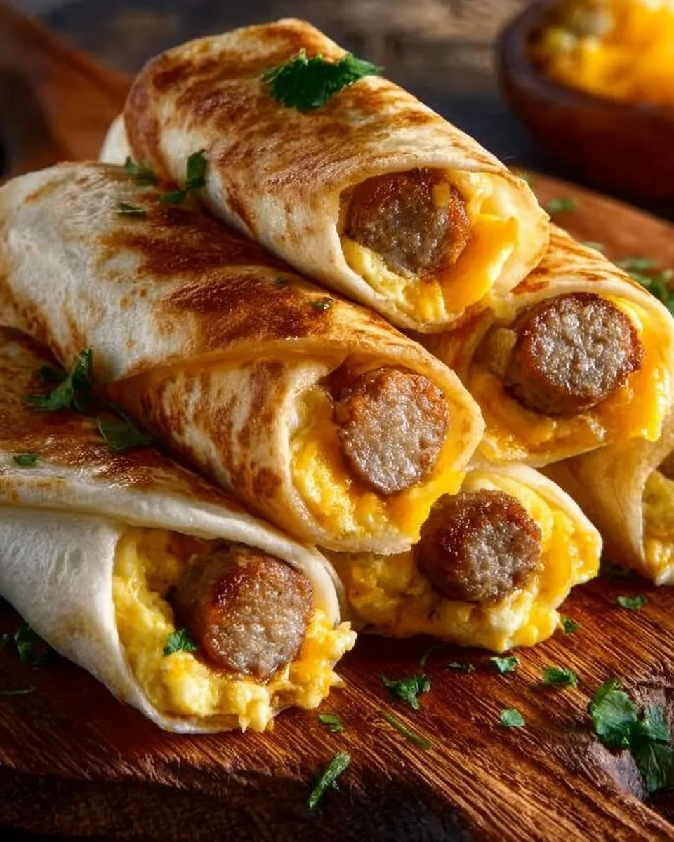 Delicious cheesy sausage egg breakfast roll-ups ready to enjoy.
