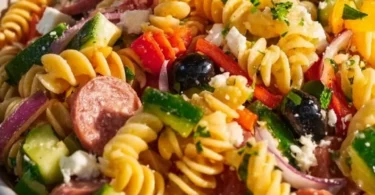 Delicious Italian pasta salad with colorful vegetables and dressing