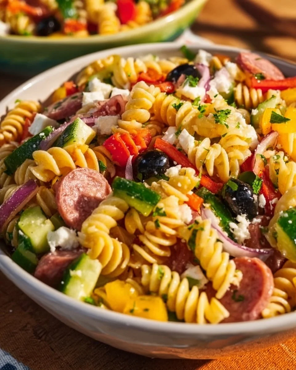 Delicious Italian pasta salad with colorful vegetables and dressing