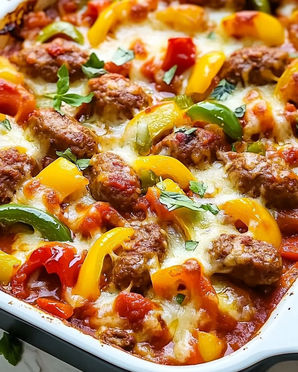 Delicious Italian Sausage and Pepper Casserole in a baking dish