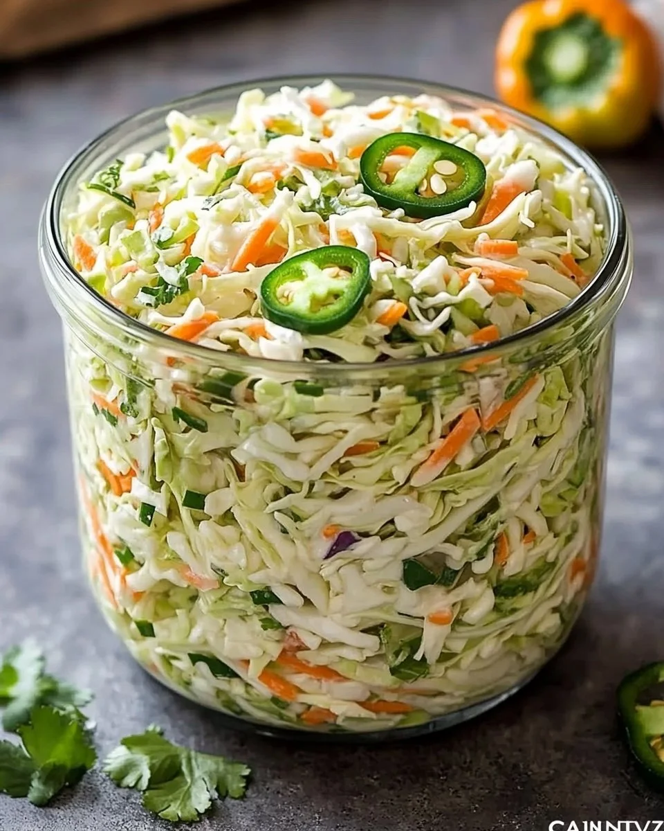 Fresh Jalapeño Coleslaw served in a bowl with colorful vegetables