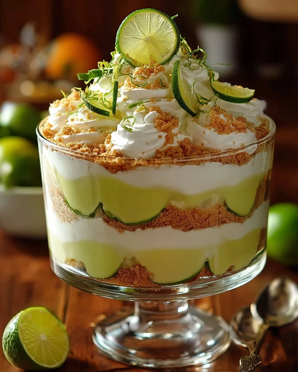 Delicious Key Lime Pie Trifle dessert with layers of key lime filling and whipped cream
