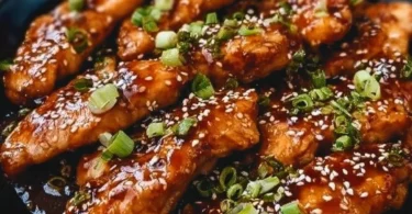 Delicious Korean chicken breasts served with sesame seeds and green onions.